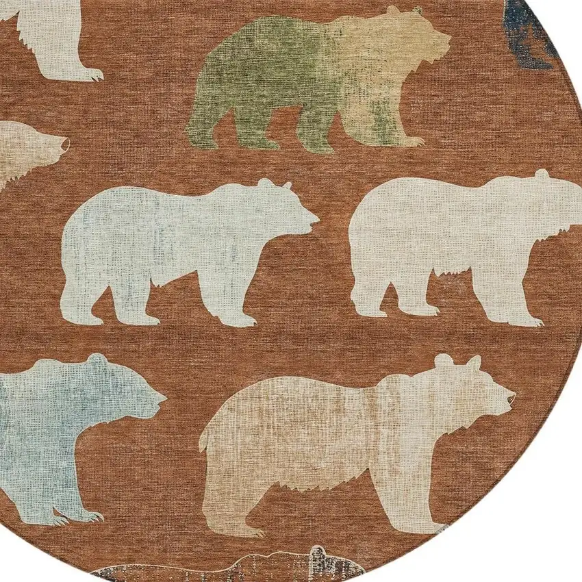 8' Chili Red Ivory And Beige Round Animal Print Washable Indoor Outdoor Area Rug Photo 7