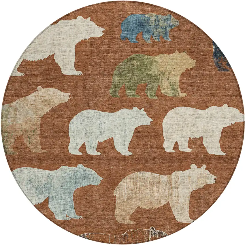 8' Chili Red Ivory And Beige Round Animal Print Washable Indoor Outdoor Area Rug Photo 2