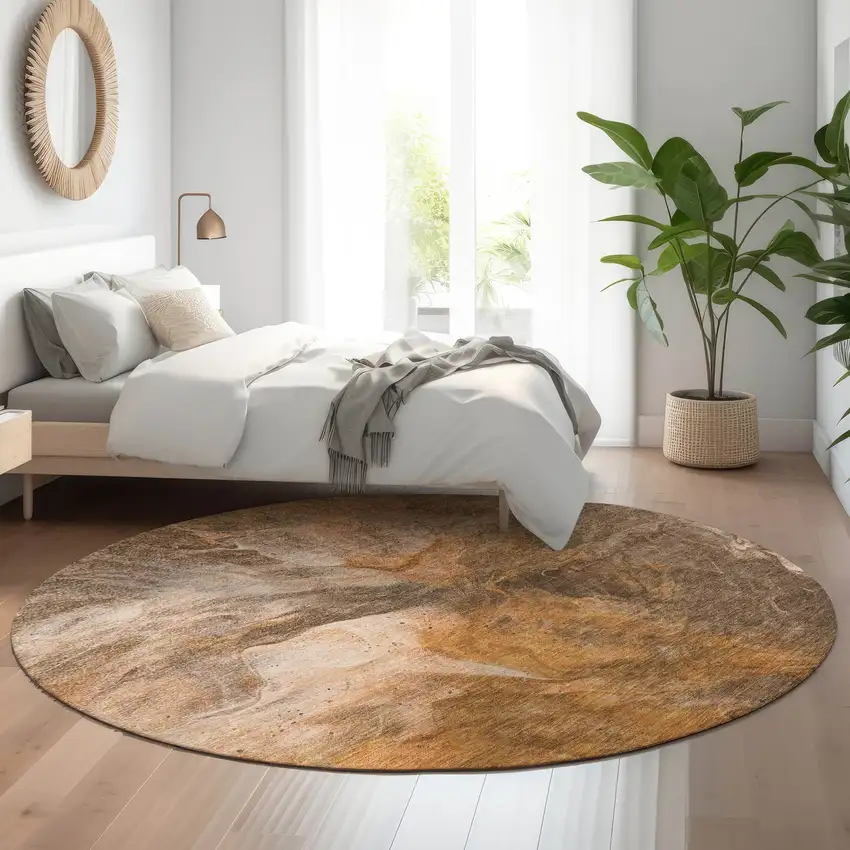 8' Chili Red Ivory And Copper Abstract Washable Round Rug With UV Protection Photo 5