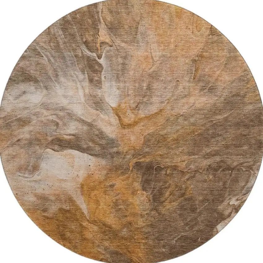 8' Chili Red Ivory And Copper Abstract Washable Round Rug With UV Protection Photo 3