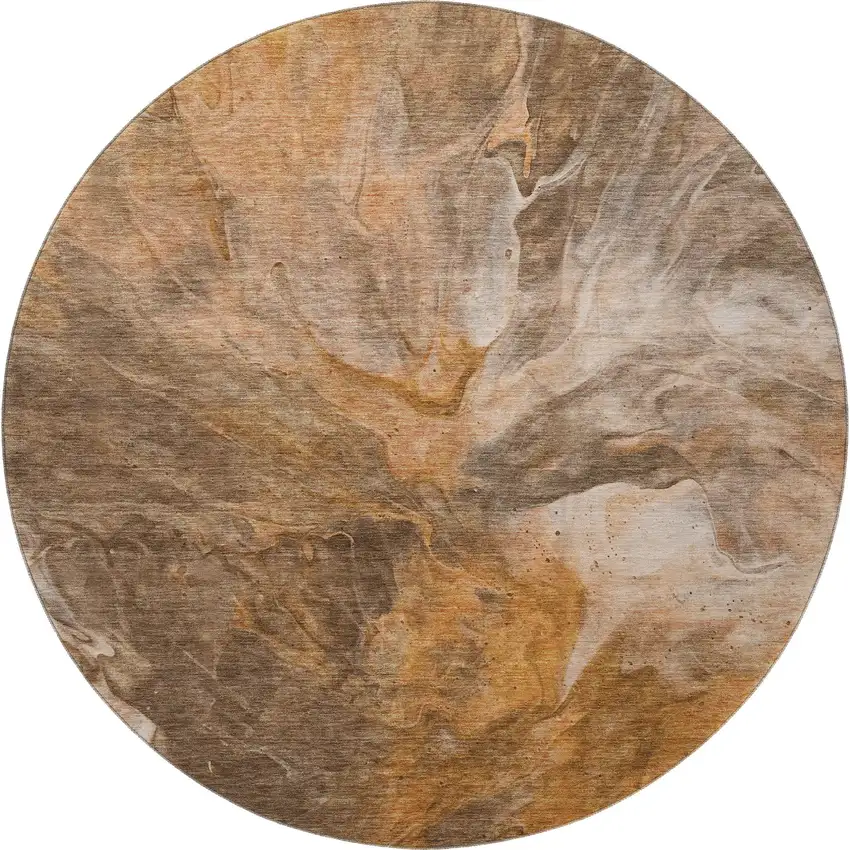 8' Chili Red Ivory And Copper Abstract Washable Round Rug With UV Protection Photo 4