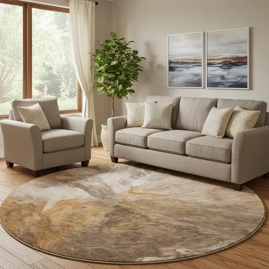 8' Chili Red Ivory And Copper Abstract Washable Round Rug With UV Protection Photo 1