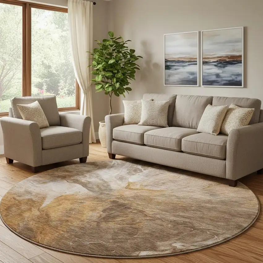 8' Chili Red Ivory And Copper Abstract Washable Round Rug With UV Protection Photo 1