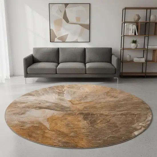 8' Chili Red Ivory And Copper Abstract Washable Round Rug With UV Protection Photo 2