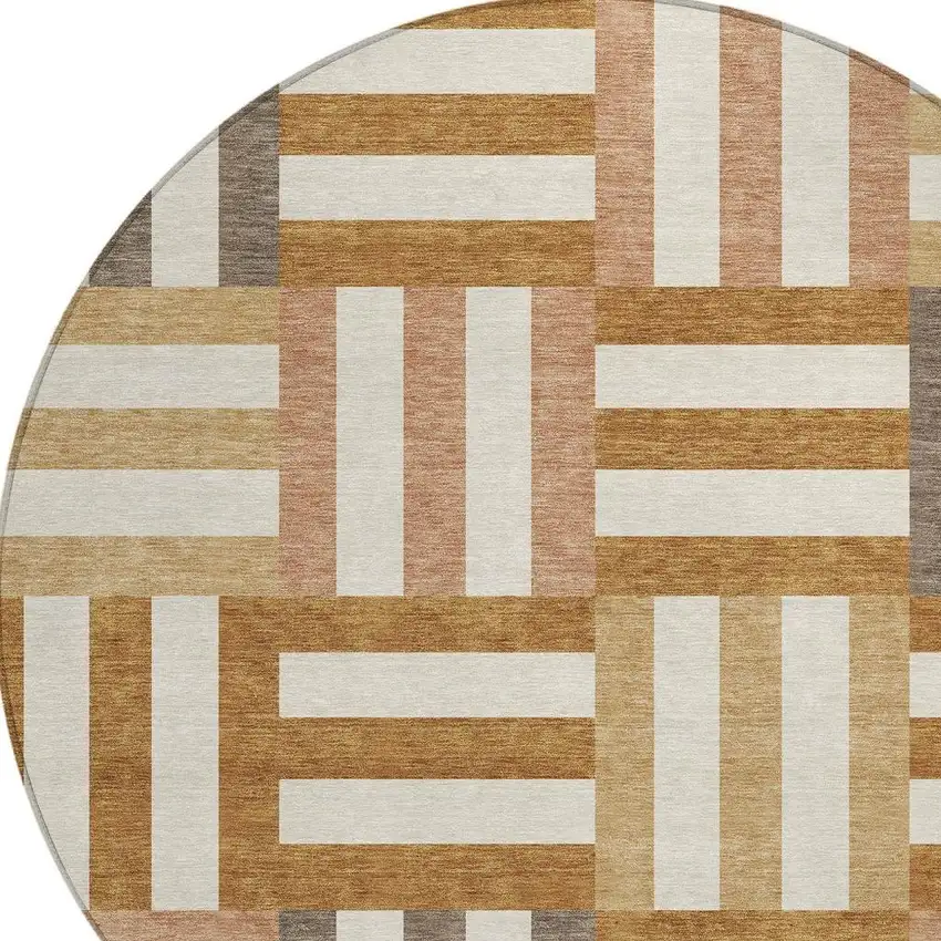 8' Chili Red Ivory And Copper Round Geometric Washable Indoor Outdoor Area Rug Photo 6