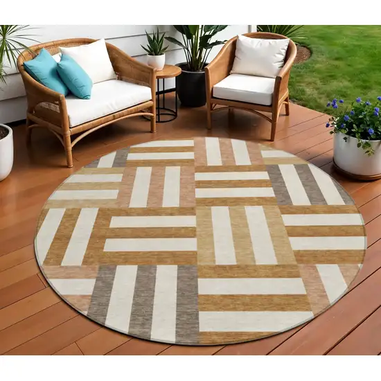 8' Chili Red Ivory And Copper Round Geometric Washable Indoor Outdoor Area Rug Photo 1