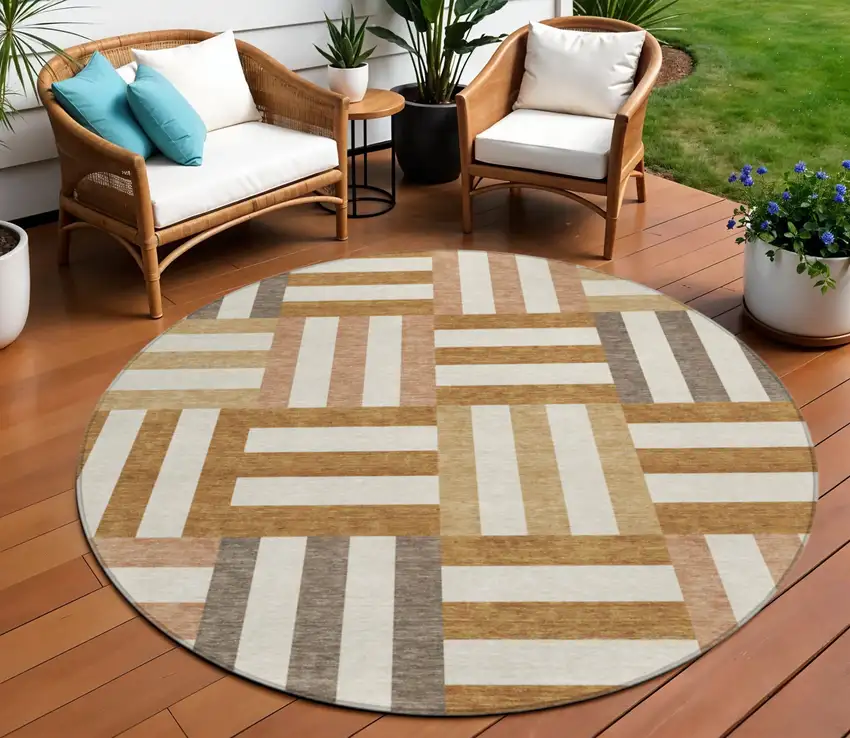 8' Chili Red Ivory And Copper Round Geometric Washable Indoor Outdoor Area Rug Photo 1