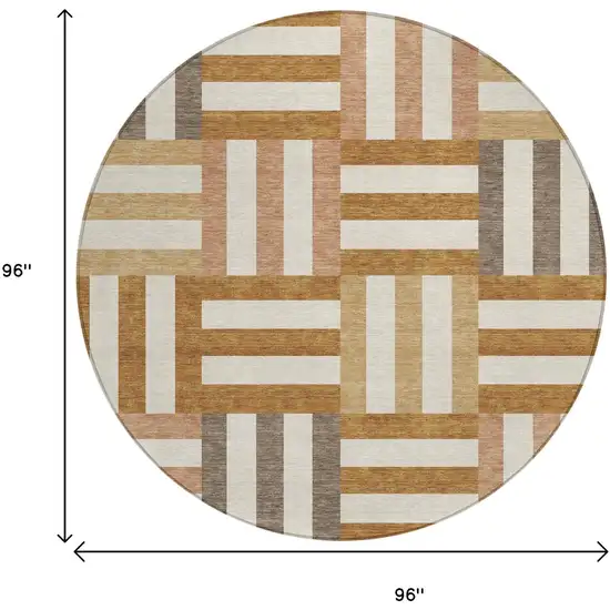 8' Chili Red Ivory And Copper Round Geometric Washable Indoor Outdoor Area Rug Photo 3