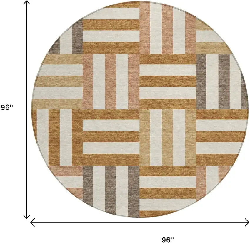 8' Chili Red Ivory And Copper Round Geometric Washable Indoor Outdoor Area Rug Photo 3