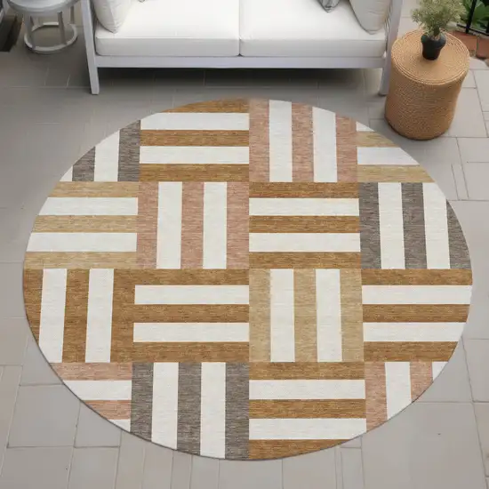 8' Chili Red Ivory And Copper Round Geometric Washable Indoor Outdoor Area Rug Photo 8