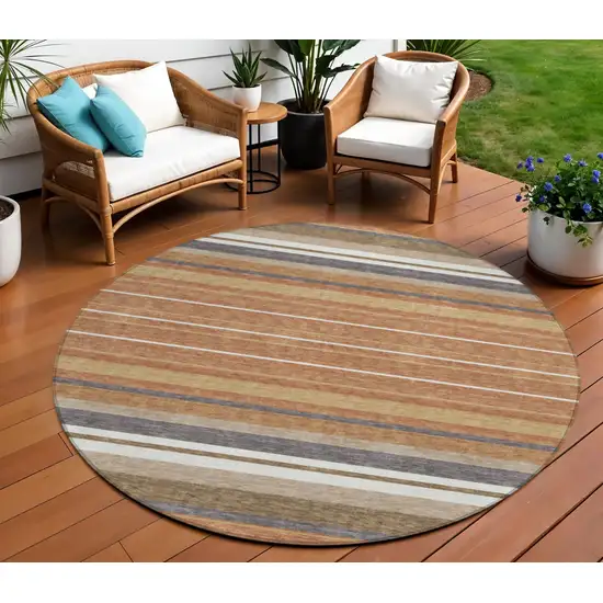 8' Chili Red Ivory And Gold Round Striped Washable Indoor Outdoor Area Rug Photo 1