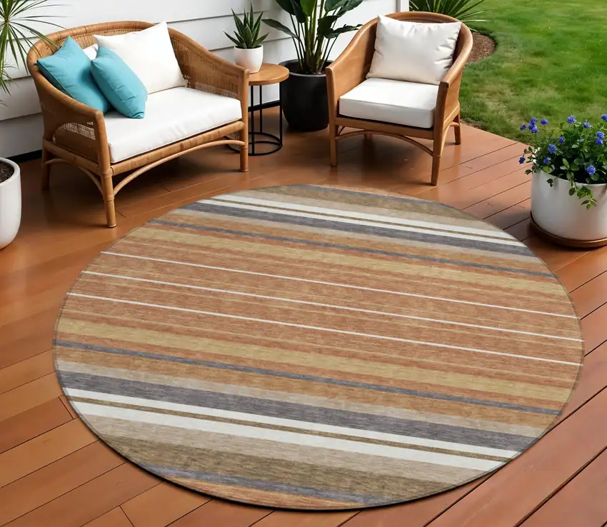 8' Chili Red Ivory And Gold Round Striped Washable Indoor Outdoor Area Rug Photo 1