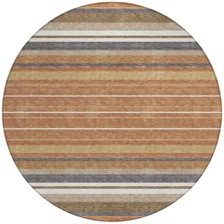 8' Chili Red Ivory And Gold Round Striped Washable Indoor Outdoor Area Rug Photo 4