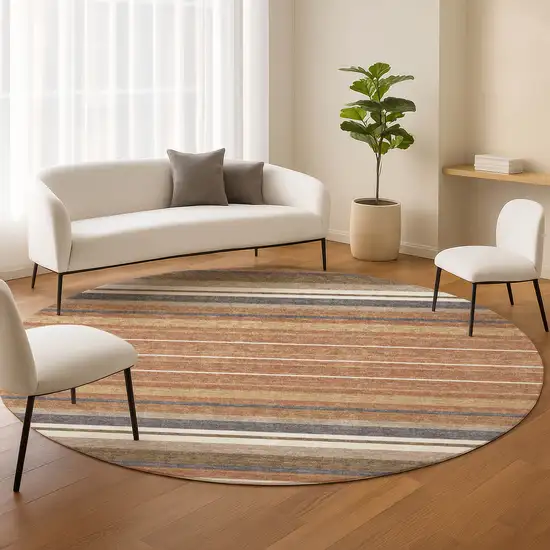 8' Chili Red Ivory And Gold Round Striped Washable Indoor Outdoor Area Rug Photo 9