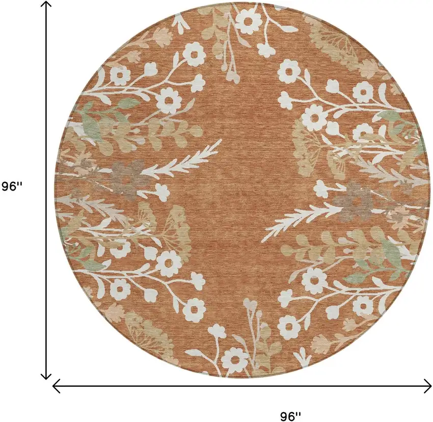 8' Chili Red Ivory And Green Round Floral Washable Indoor Outdoor Area Rug Photo 3