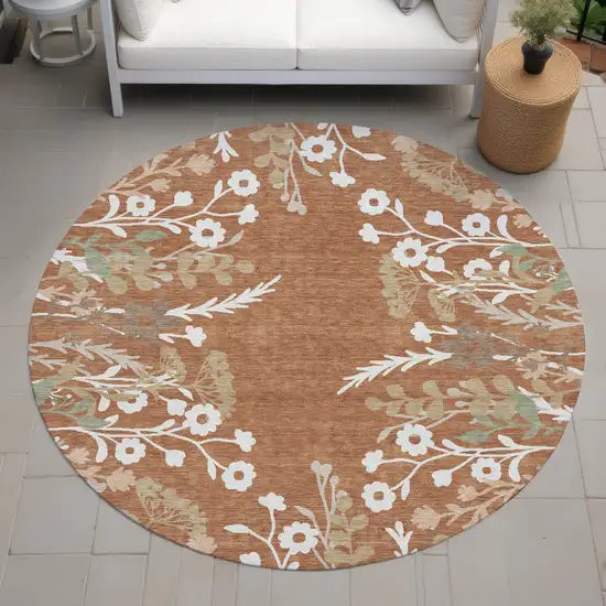 8' Chili Red Ivory And Green Round Floral Washable Indoor Outdoor Area Rug Photo 8