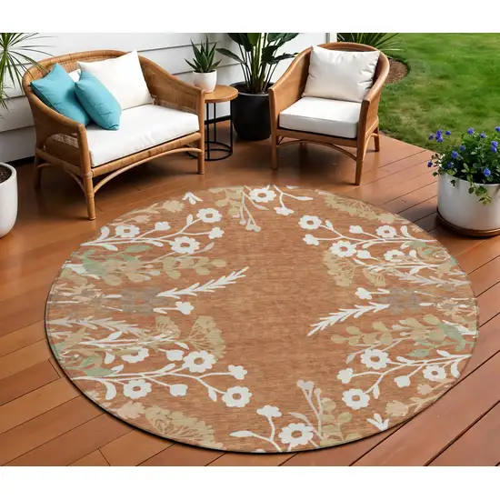 8' Chili Red Ivory And Green Round Floral Washable Indoor Outdoor Area Rug Photo 1