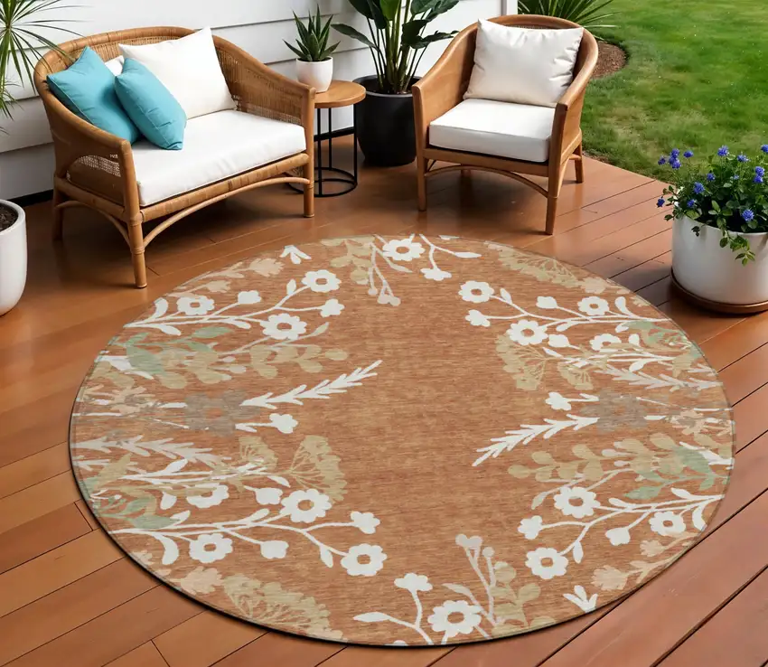 8' Chili Red Ivory And Green Round Floral Washable Indoor Outdoor Area Rug Photo 1