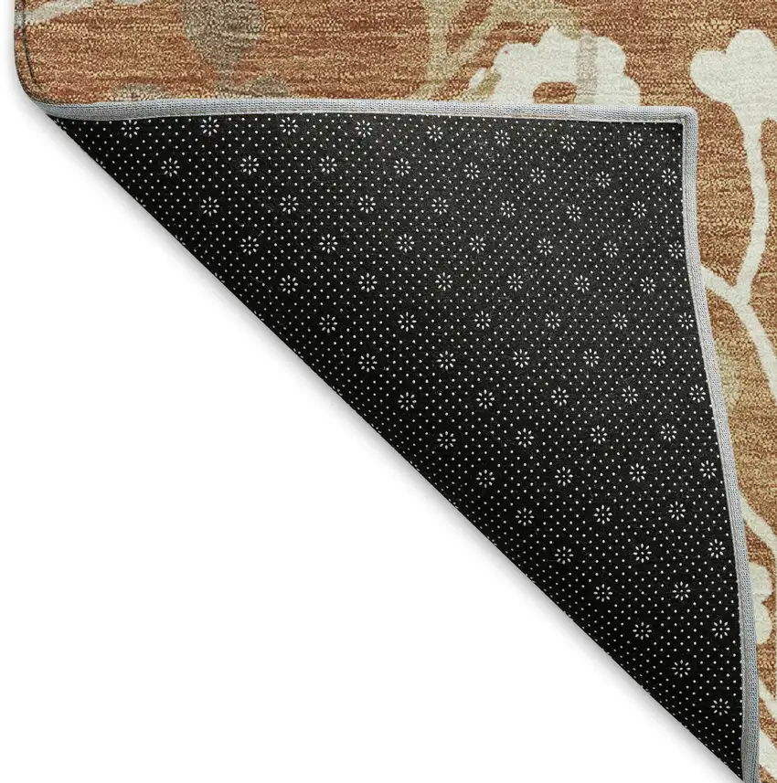 8' Chili Red Ivory And Green Round Floral Washable Indoor Outdoor Area Rug Photo 5