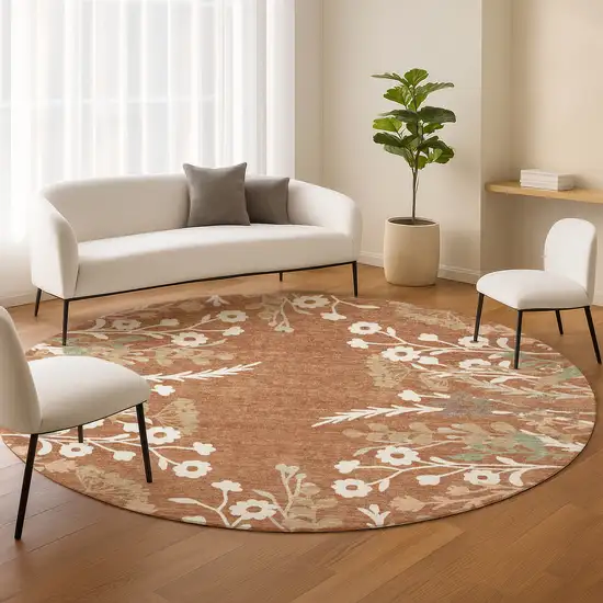 8' Chili Red Ivory And Green Round Floral Washable Indoor Outdoor Area Rug Photo 9