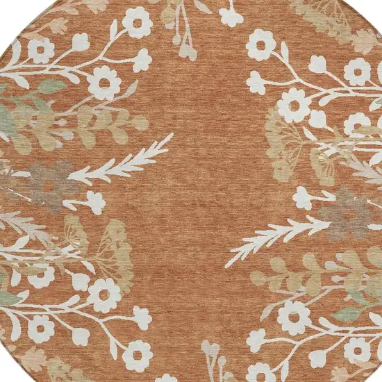 8' Chili Red Ivory And Green Round Floral Washable Indoor Outdoor Area Rug Photo 7