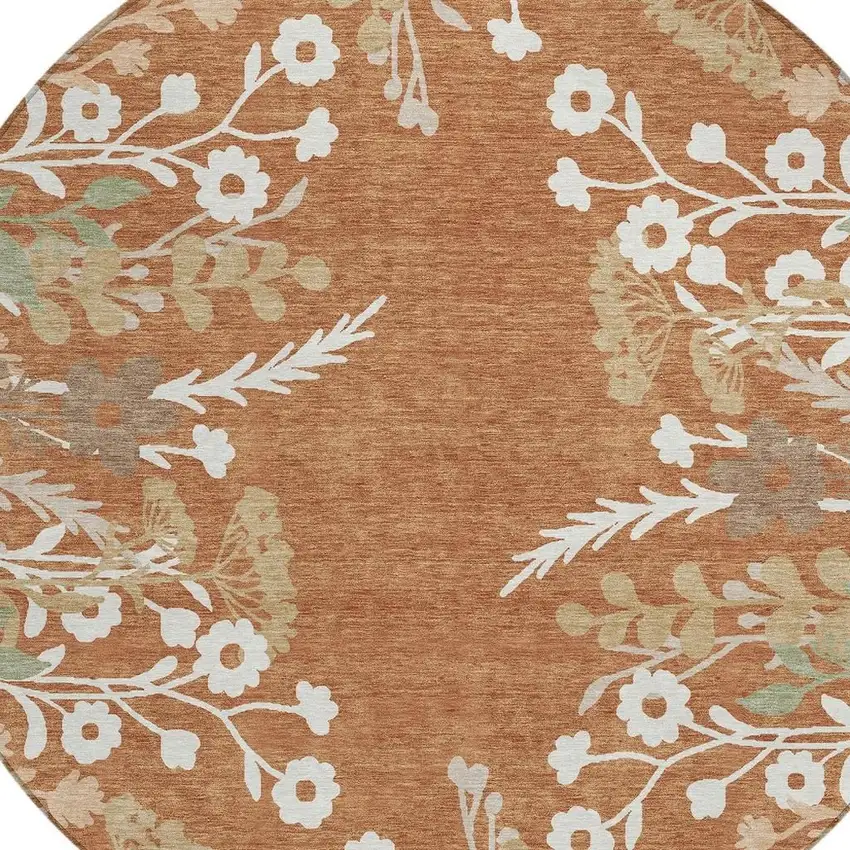 8' Chili Red Ivory And Green Round Floral Washable Indoor Outdoor Area Rug Photo 7