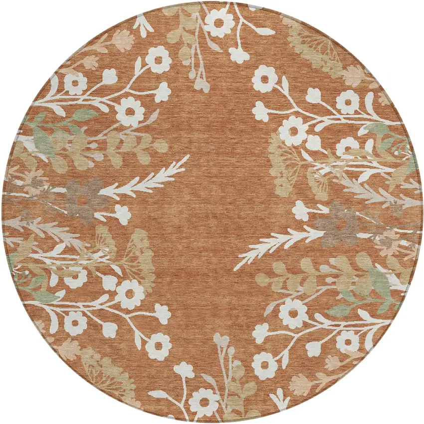 8' Chili Red Ivory And Green Round Floral Washable Indoor Outdoor Area Rug Photo 2