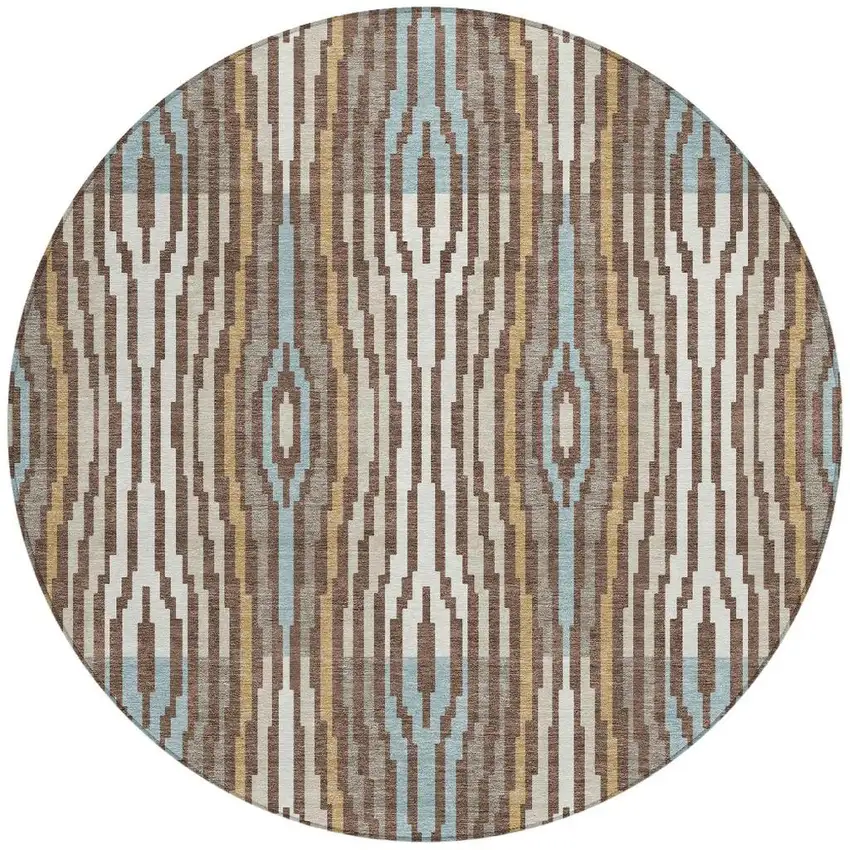 8' Chocolate And Aqua Round Abstract Washable Indoor Outdoor Area Rug Photo 2