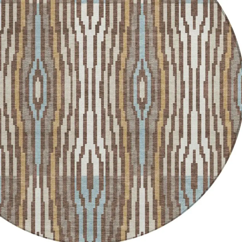 8' Chocolate And Aqua Round Abstract Washable Indoor Outdoor Area Rug Photo 4