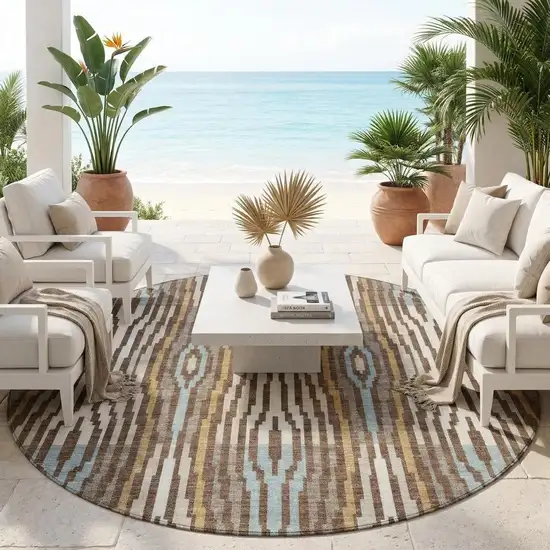 8' Chocolate And Aqua Round Abstract Washable Indoor Outdoor Area Rug Photo 1