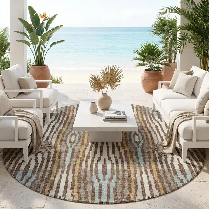 8' Chocolate And Aqua Round Abstract Washable Indoor Outdoor Area Rug Photo 1