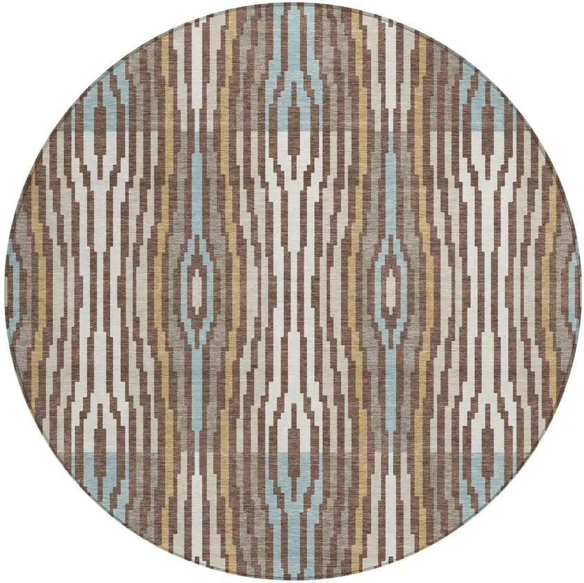 8' Chocolate And Aqua Round Abstract Washable Indoor Outdoor Area Rug Photo 5