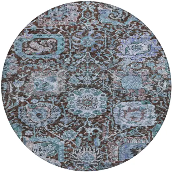 8' Chocolate And Aqua Round Damask Washable Indoor Outdoor Area Rug Photo 2