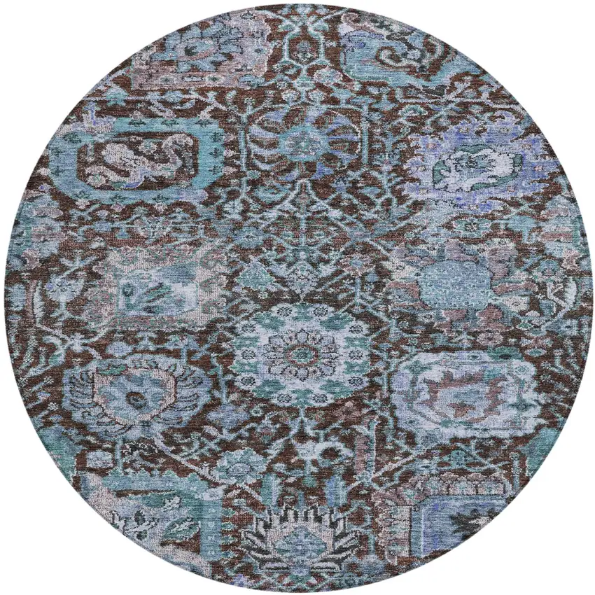 8' Chocolate And Aqua Round Damask Washable Indoor Outdoor Area Rug Photo 2