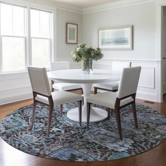 8' Chocolate And Aqua Round Damask Washable Indoor Outdoor Area Rug Photo 9