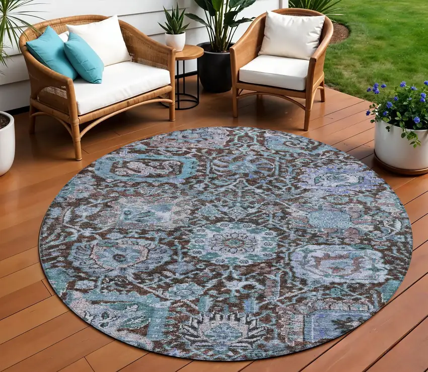 8' Chocolate And Aqua Round Damask Washable Indoor Outdoor Area Rug Photo 1