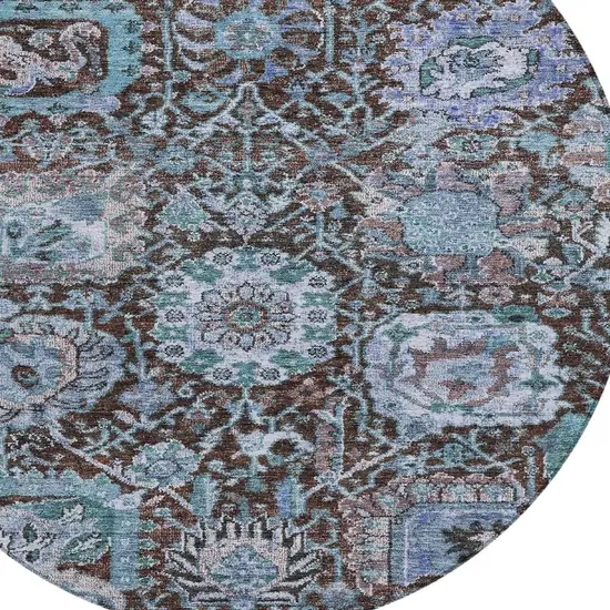 8' Chocolate And Aqua Round Damask Washable Indoor Outdoor Area Rug Photo 6
