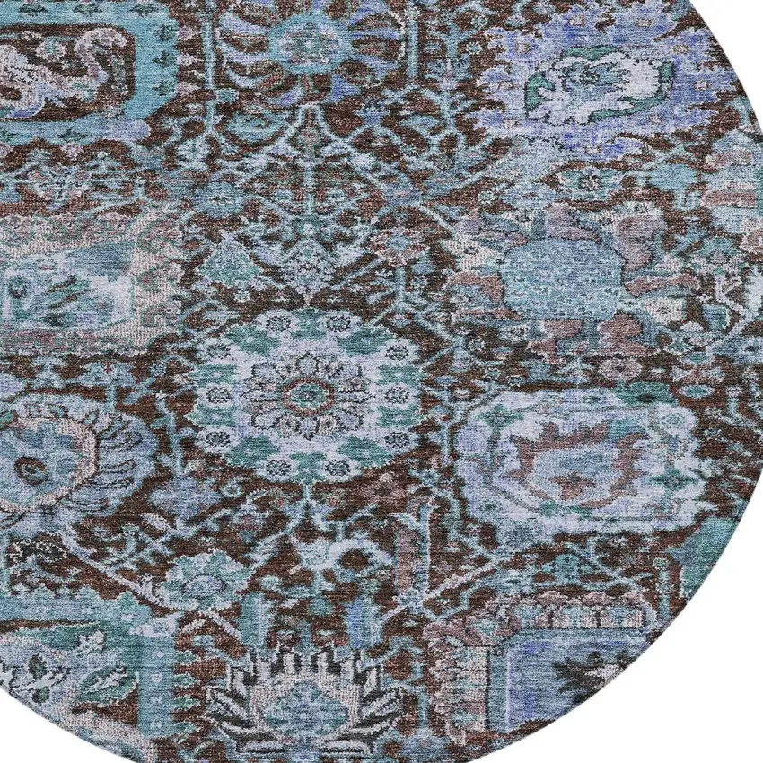 8' Chocolate And Aqua Round Damask Washable Indoor Outdoor Area Rug Photo 6
