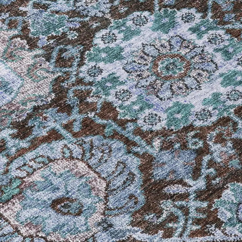 8' Chocolate And Aqua Round Damask Washable Indoor Outdoor Area Rug Photo 5