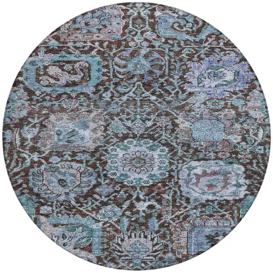 8' Chocolate And Aqua Round Damask Washable Indoor Outdoor Area Rug Photo 7
