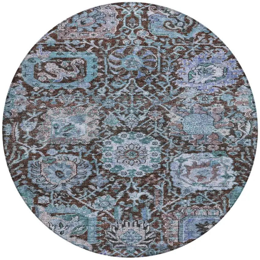 8' Chocolate And Aqua Round Damask Washable Indoor Outdoor Area Rug Photo 7