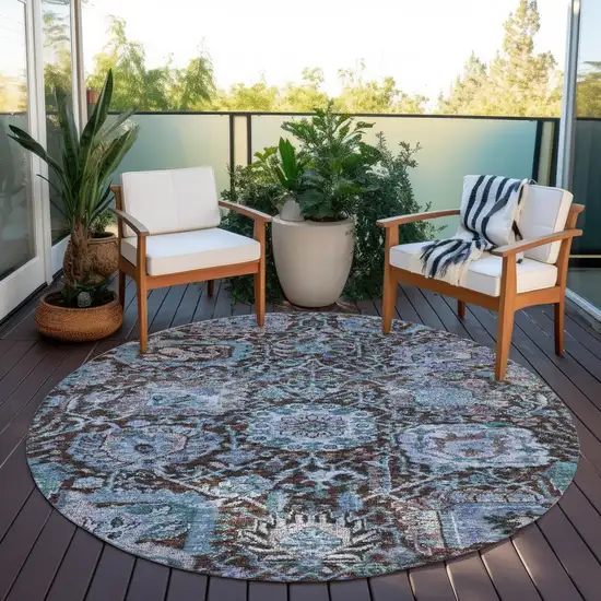 8' Chocolate And Aqua Round Damask Washable Indoor Outdoor Area Rug Photo 8