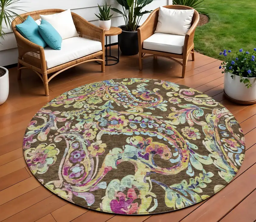 8' Chocolate And Artichoke Green Round Paisley Washable Indoor Outdoor Area Rug Photo 1