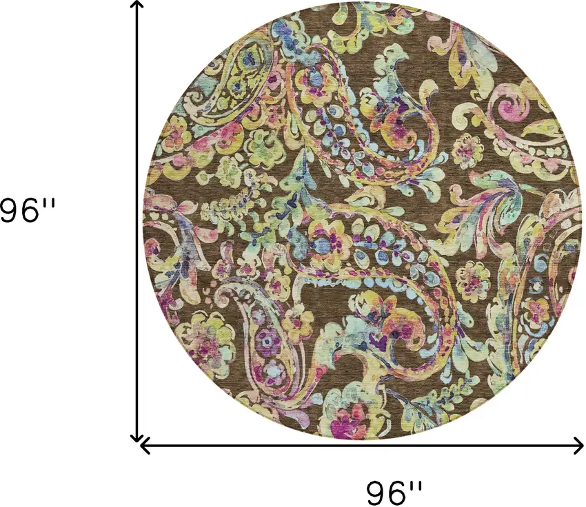 8' Chocolate And Artichoke Green Round Paisley Washable Indoor Outdoor Area Rug Photo 3