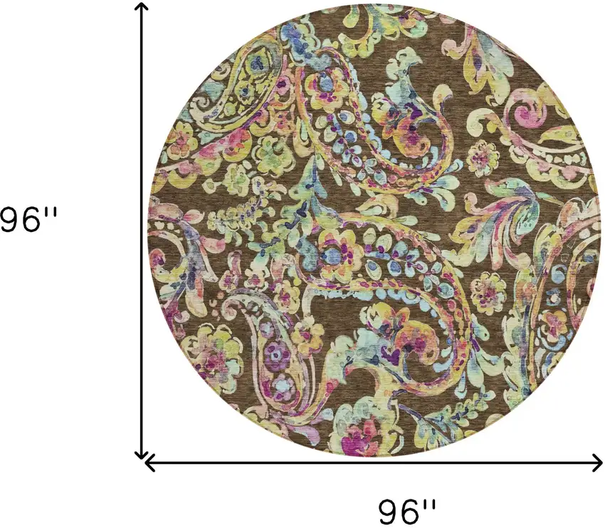 8' Chocolate And Artichoke Green Round Paisley Washable Indoor Outdoor Area Rug Photo 3