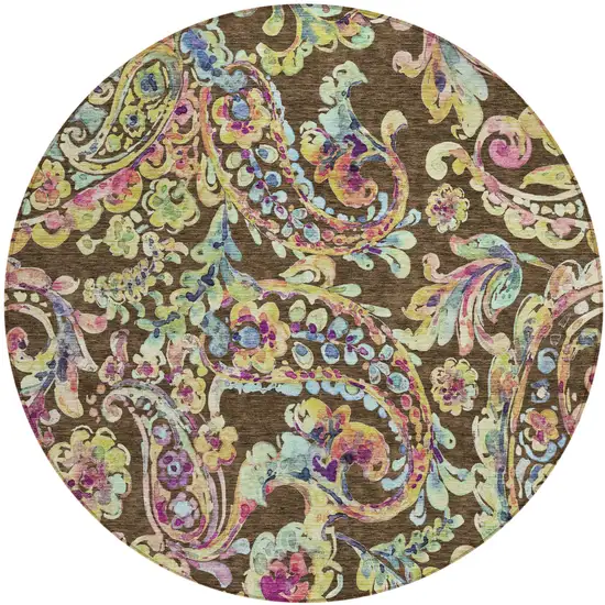 8' Chocolate And Artichoke Green Round Paisley Washable Indoor Outdoor Area Rug Photo 2
