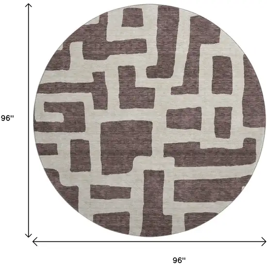 8' Chocolate And Beige Abstract Geometric Washable Round Rug With UV Protection Photo 9