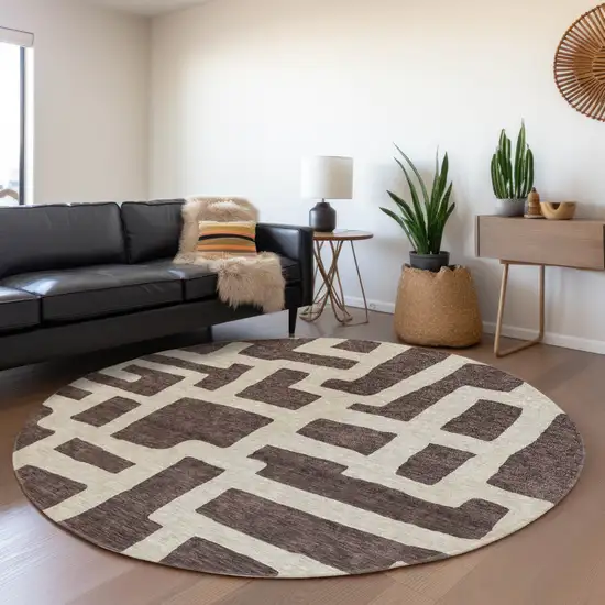 8' Chocolate And Beige Abstract Geometric Washable Round Rug With UV Protection Photo 4