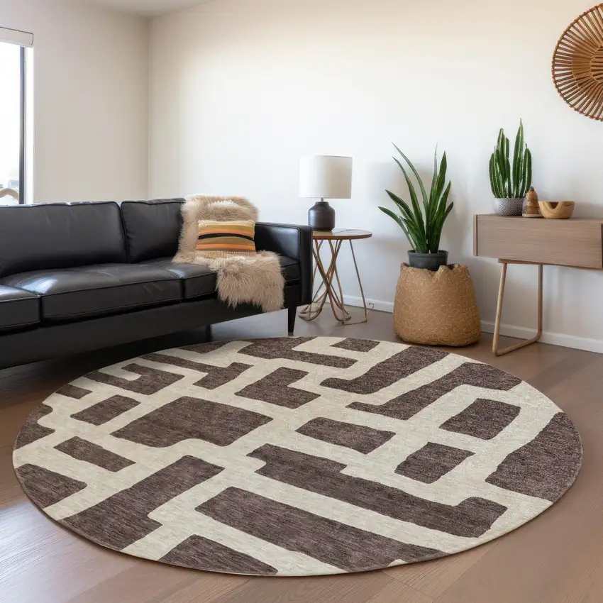 8' Chocolate And Beige Abstract Geometric Washable Round Rug With UV Protection Photo 4