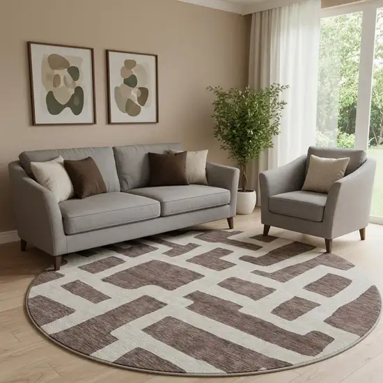 8' Chocolate And Beige Abstract Geometric Washable Round Rug With UV Protection Photo 1